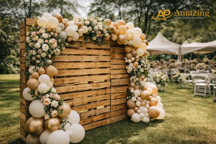 rustic pallet backdrop hire Nairobi with balloons and flowers