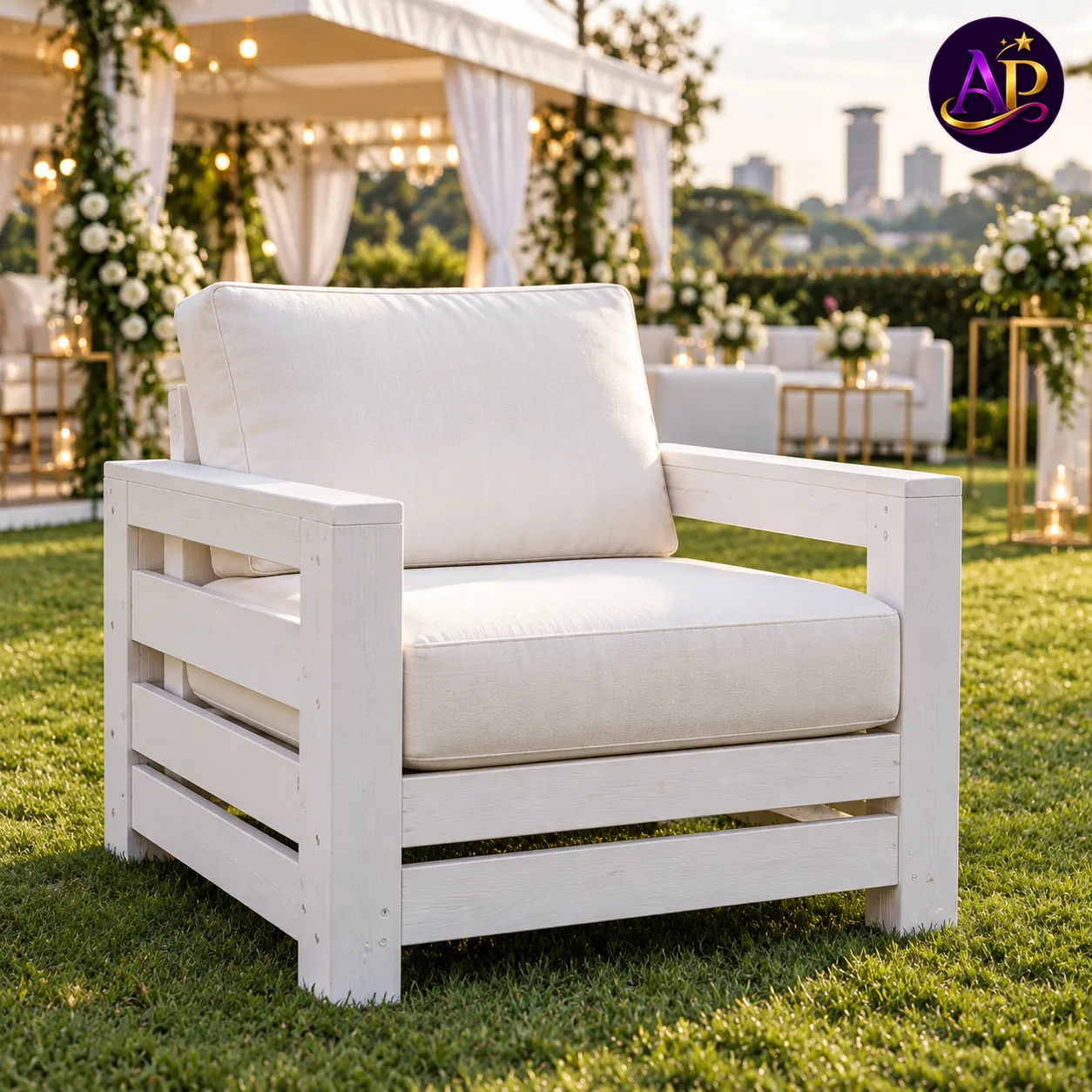 Premium white Anganga 1-seater lounge sofa hire in Nairobi at a luxury outdoor event. 