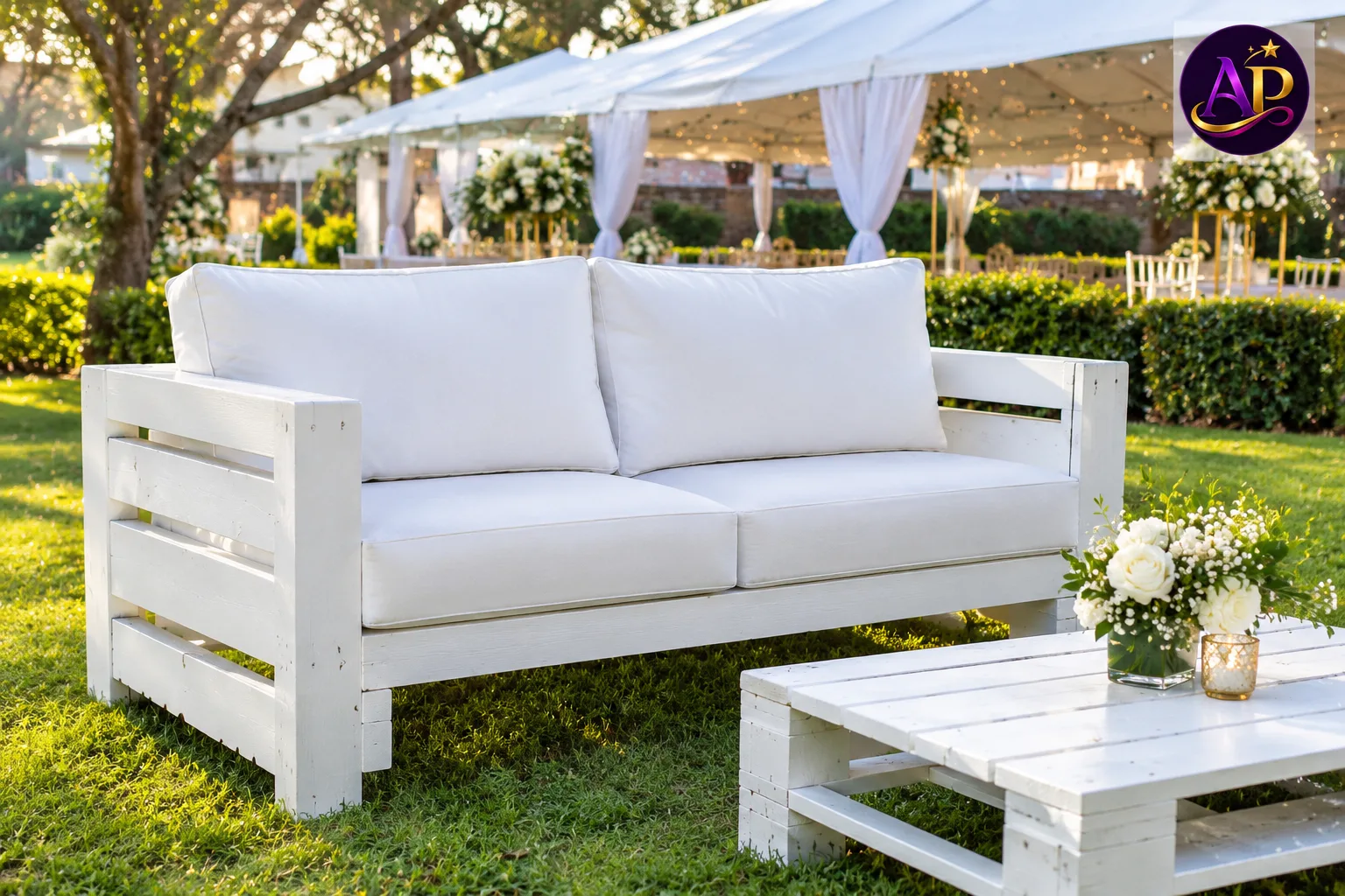 Premium white Anganga 2-seater lounge sofa hire in Nairobi at a luxury outdoor event.