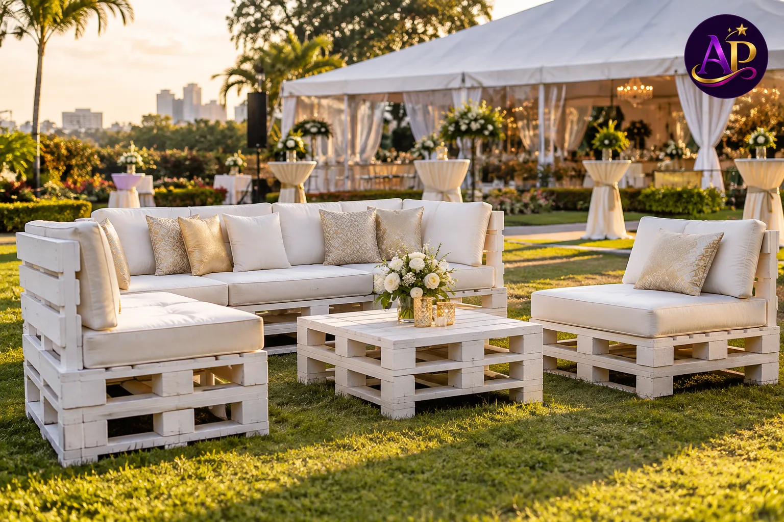 Premium white Anganga lounge set hire in Nairobi at a luxury outdoor event venue.