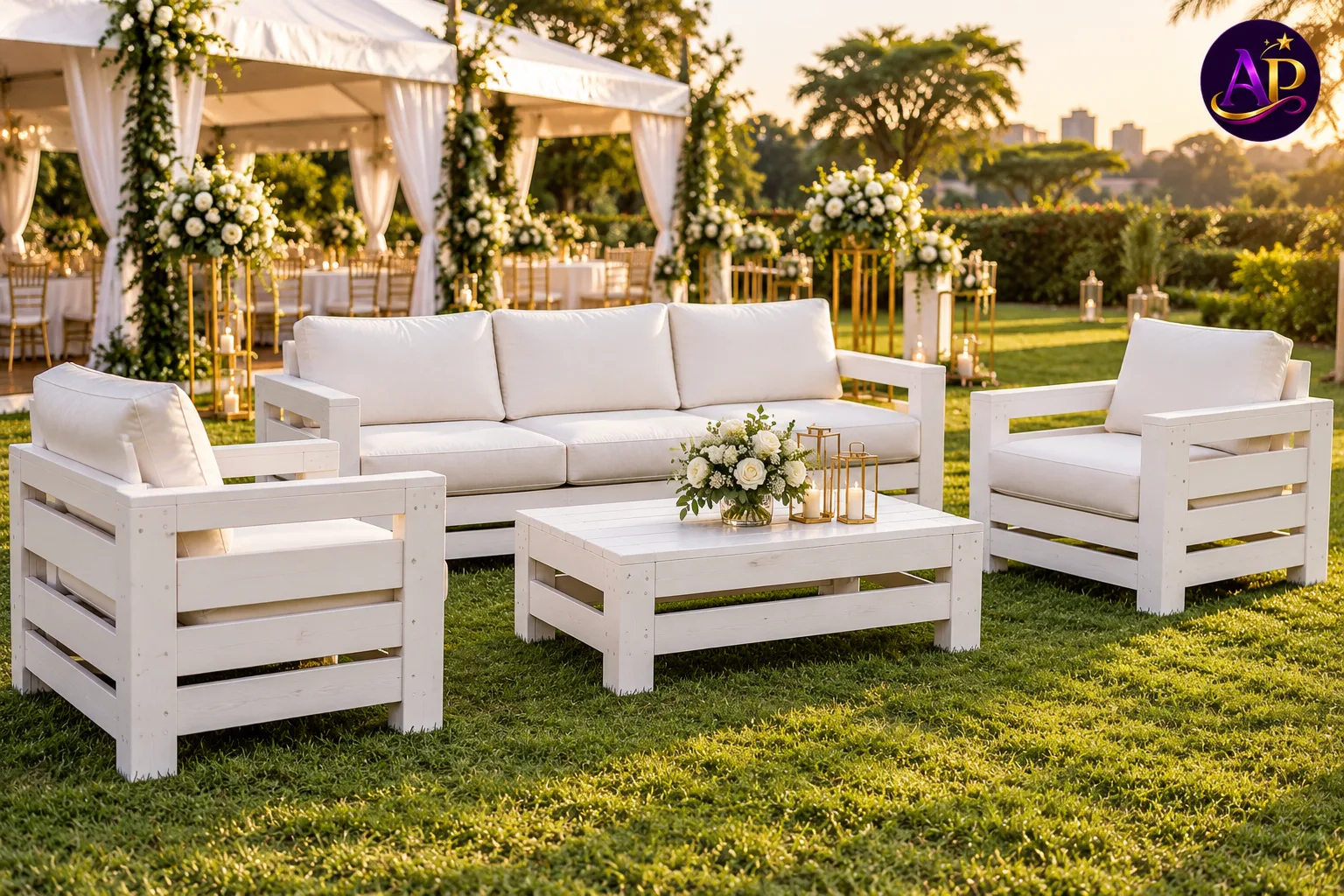 Premium white Anganga lounge set hire in Nairobi at a luxury outdoor event venue.