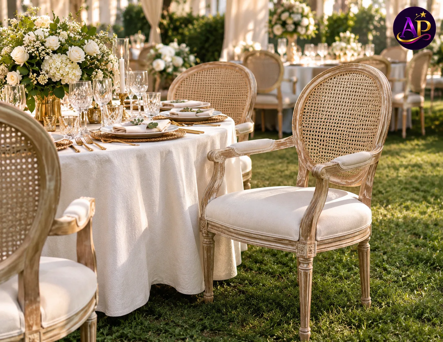 Rattan-Back Louis Armchair with Arms styled at a luxury wedding reception in Nairobi