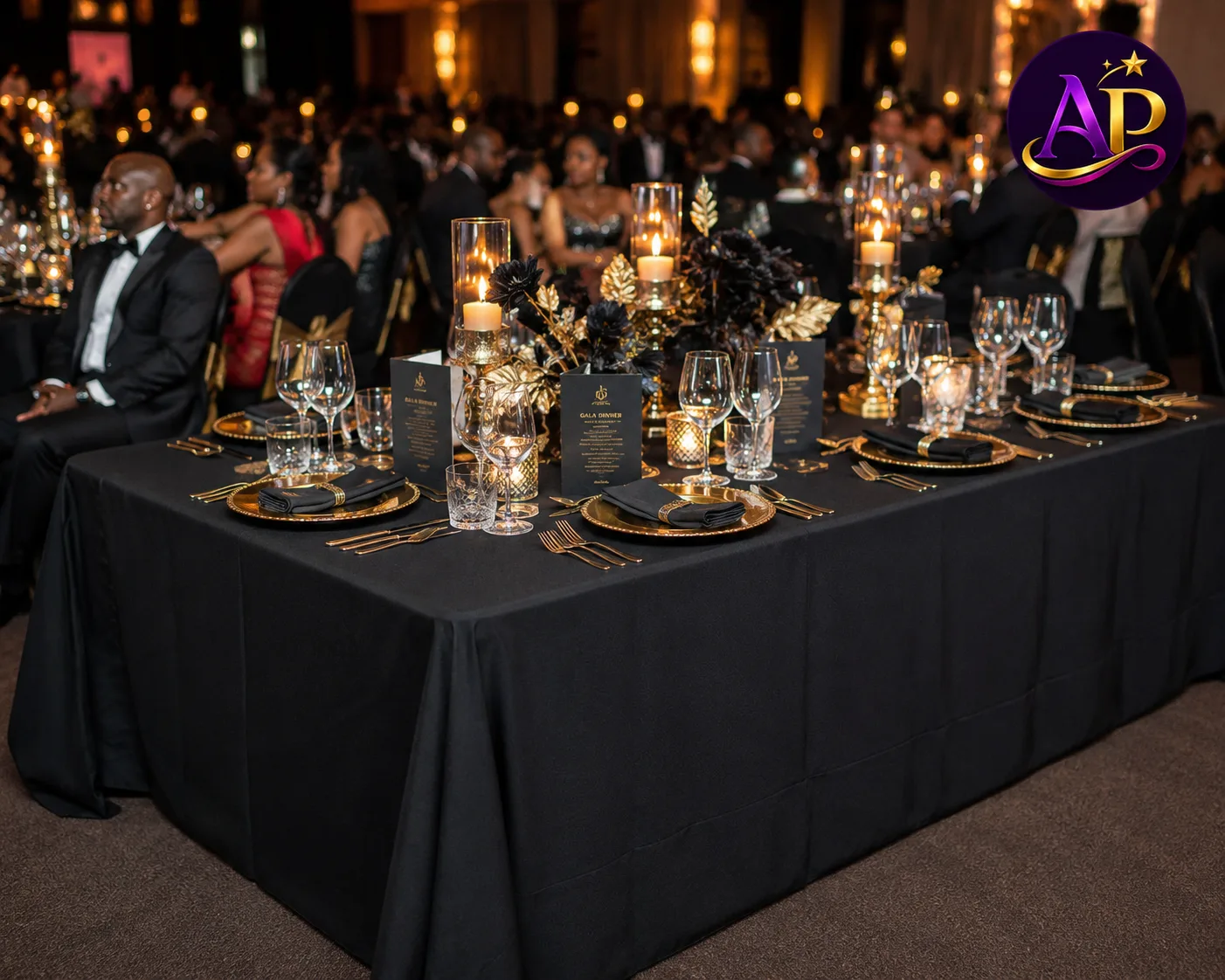 Rectangular table black linen hire in Nairobi dressing a luxury black-tie gala banquet table.