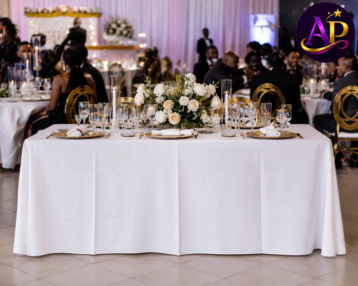 Rectangular table white linen hire in Nairobi elegantly dressing a luxury wedding banquet table.