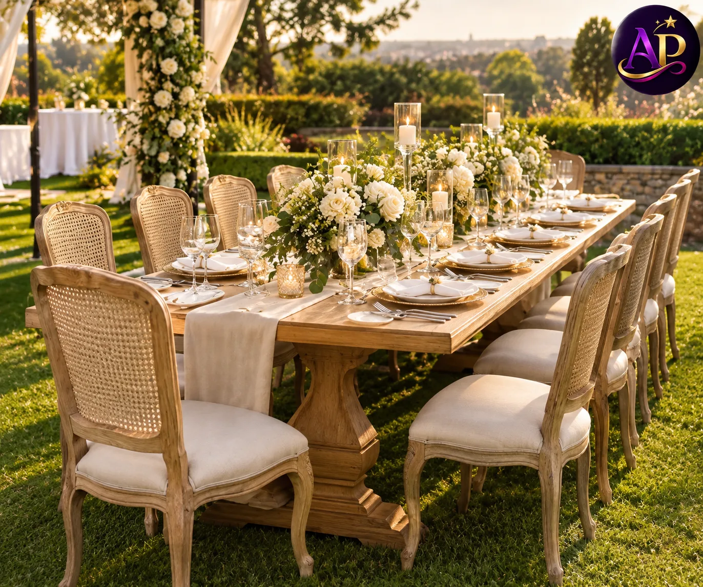 Rectangular Victorian Dining Table styled at an elegant luxury wedding reception in Nairobi