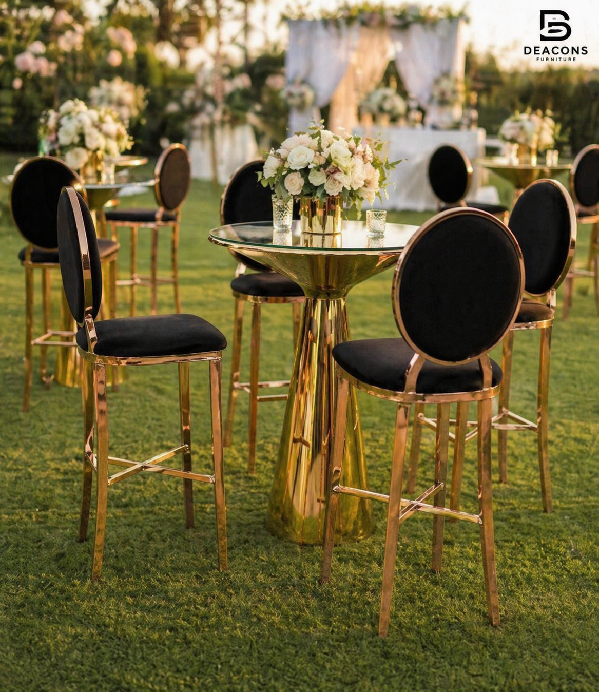 Rose gold luxury bar stools at Nairobi wedding cocktail setup