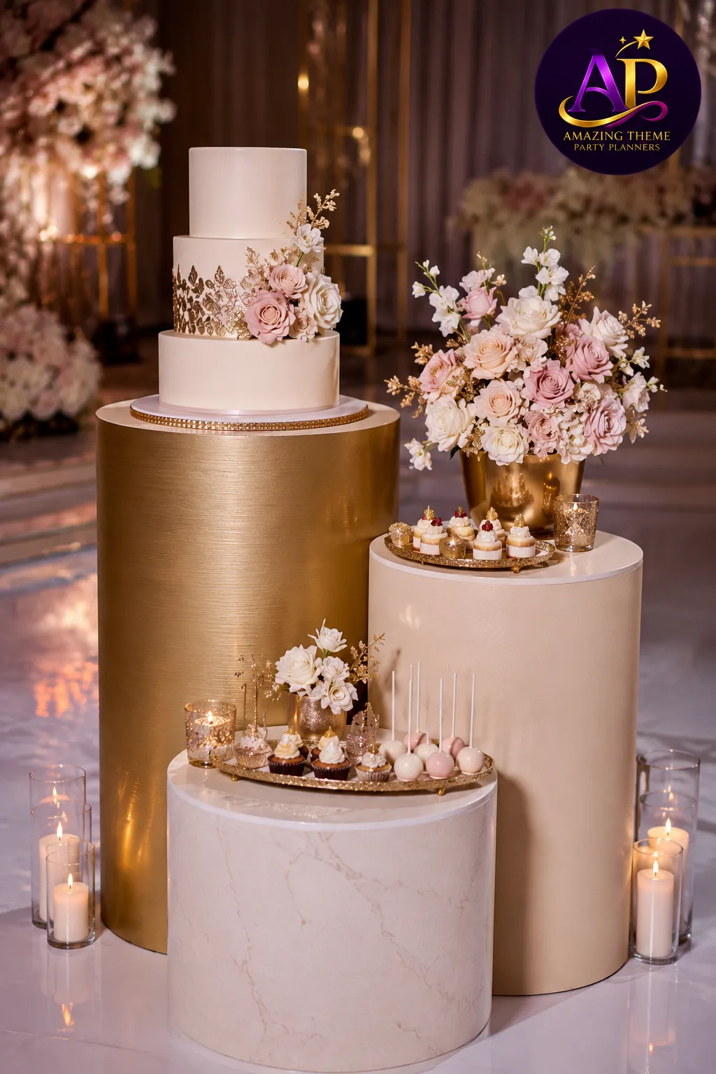 Round Cake Cylinder Hire Nairobi with luxury cake display and floral styling.