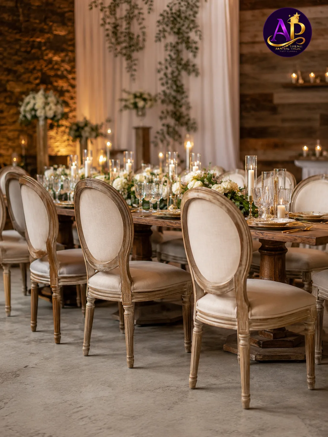 Round Rustic Louis Chair Hire Nairobi luxury event seating setup for weddings and parties.