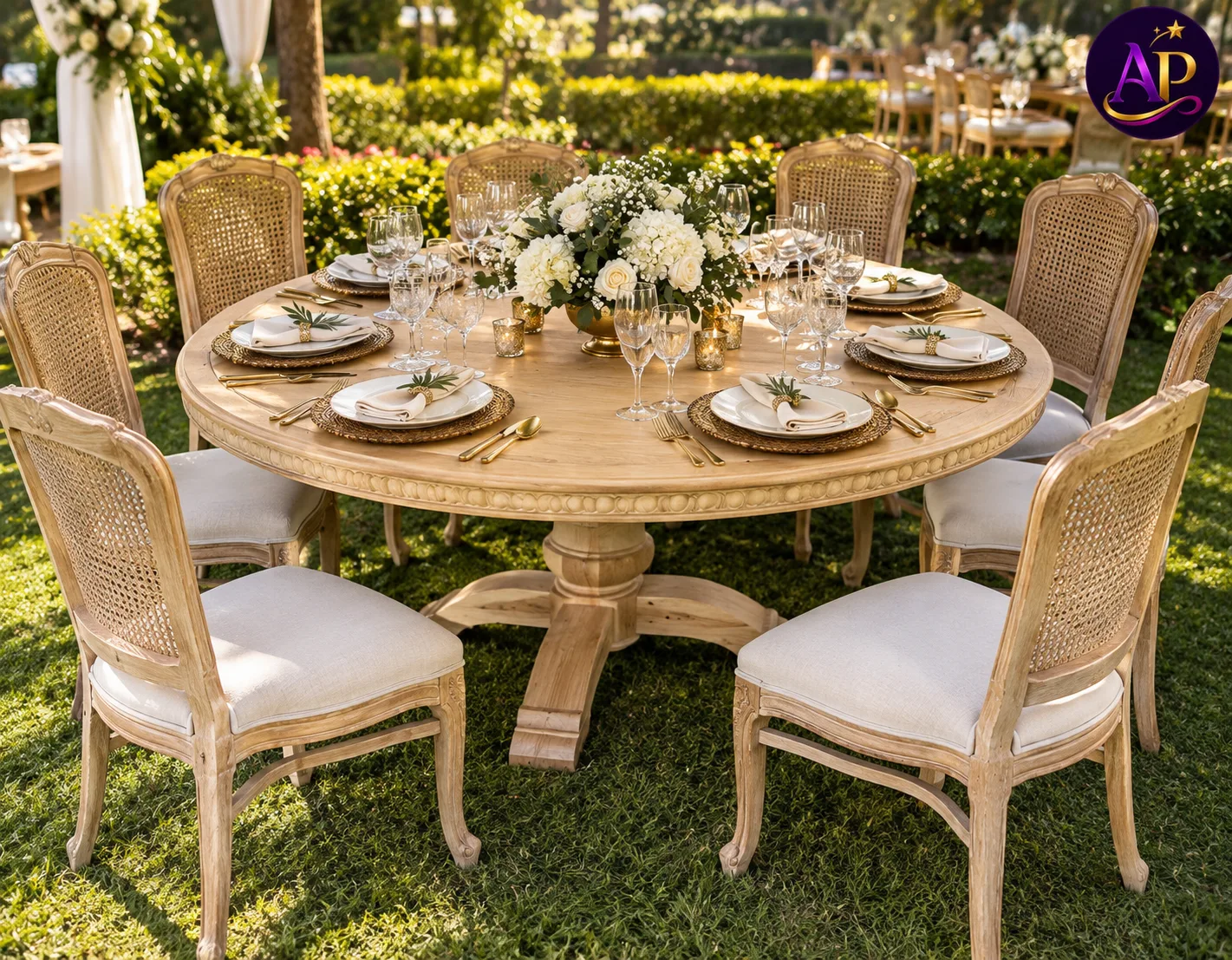 Round Victorian Dining Table with 8-seater capacity styled at a luxury Nairobi wedding