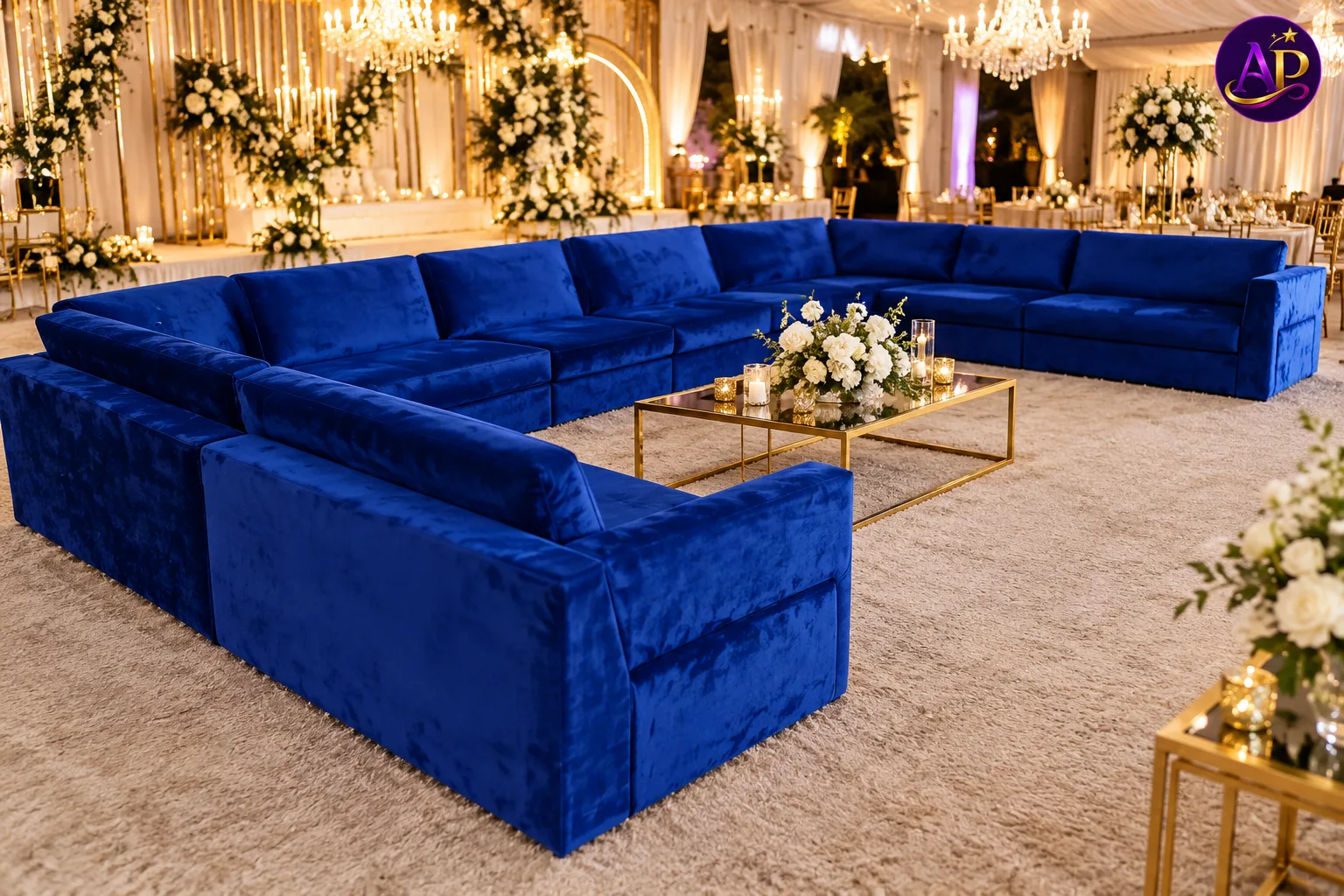 Royal Arabian Majlis blue velvet lounge at a luxury Nairobi wedding