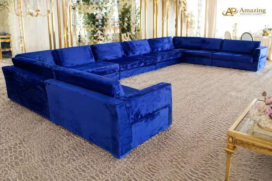 Royal Arabian Majlis Three-Seater Blue Velvet for hire Nairobi Arabic event seating
