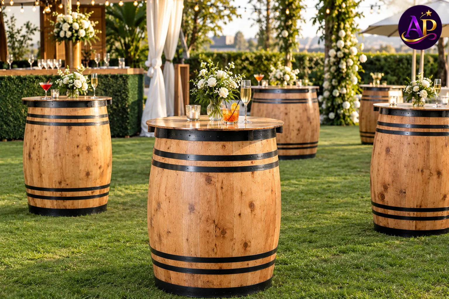 Rustic barrel cocktail table available for event hire in Nairobi