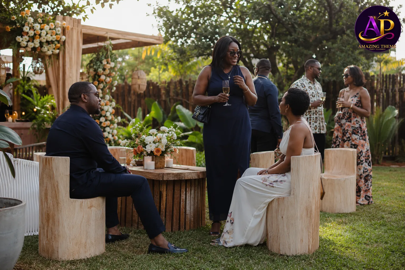 Rustic carved log cocktail chair hire in Nairobi at a luxury boho garden wedding.