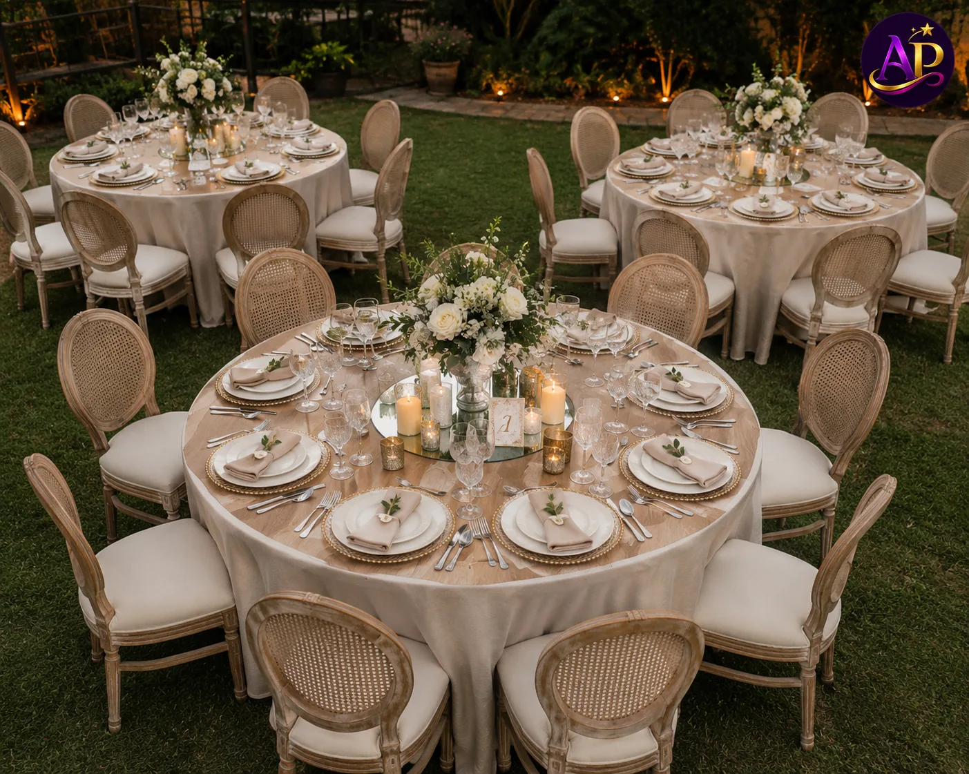 Rustic Circular Table Hire Nairobi at a luxury outdoor wedding reception.