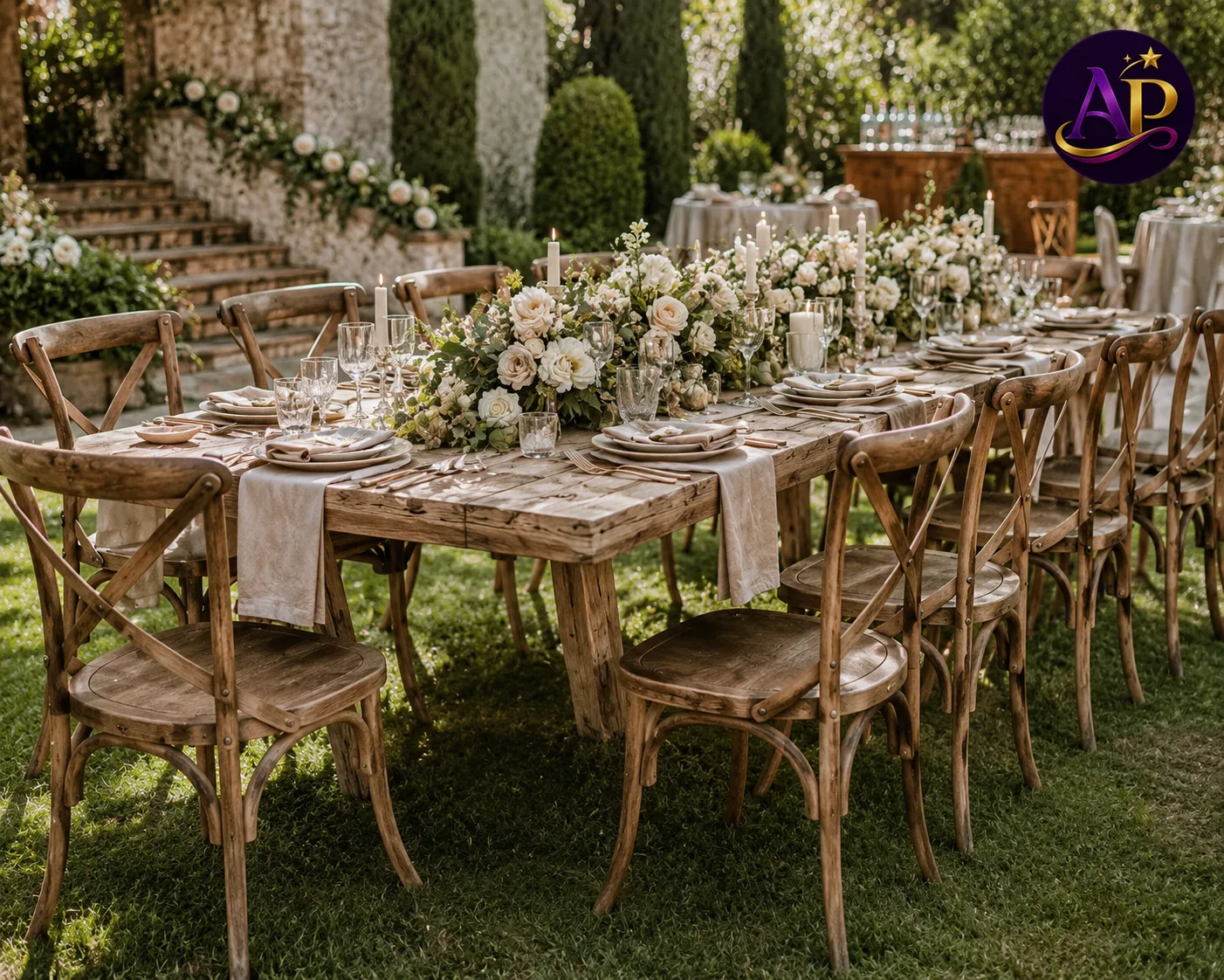 Rustic Cross-Back Chair Hire Nairobi arranged around a luxury wedding reception table.