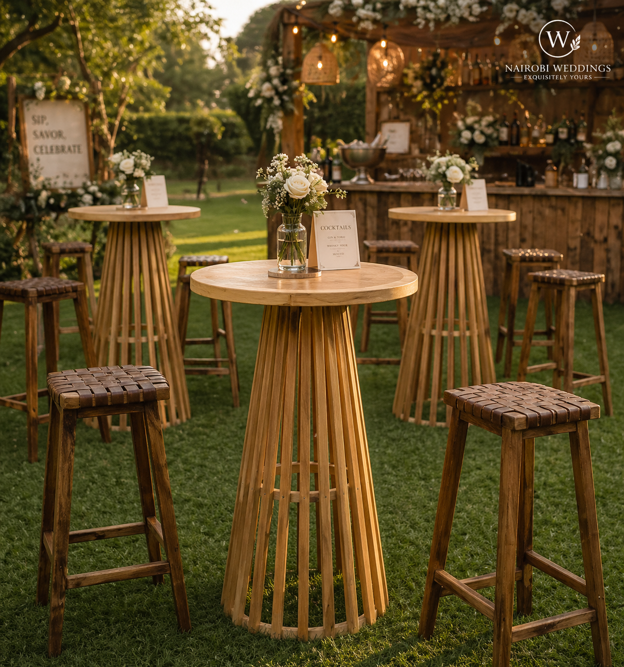 Rustic funnel cocktail tables at Nairobi garden wedding setup