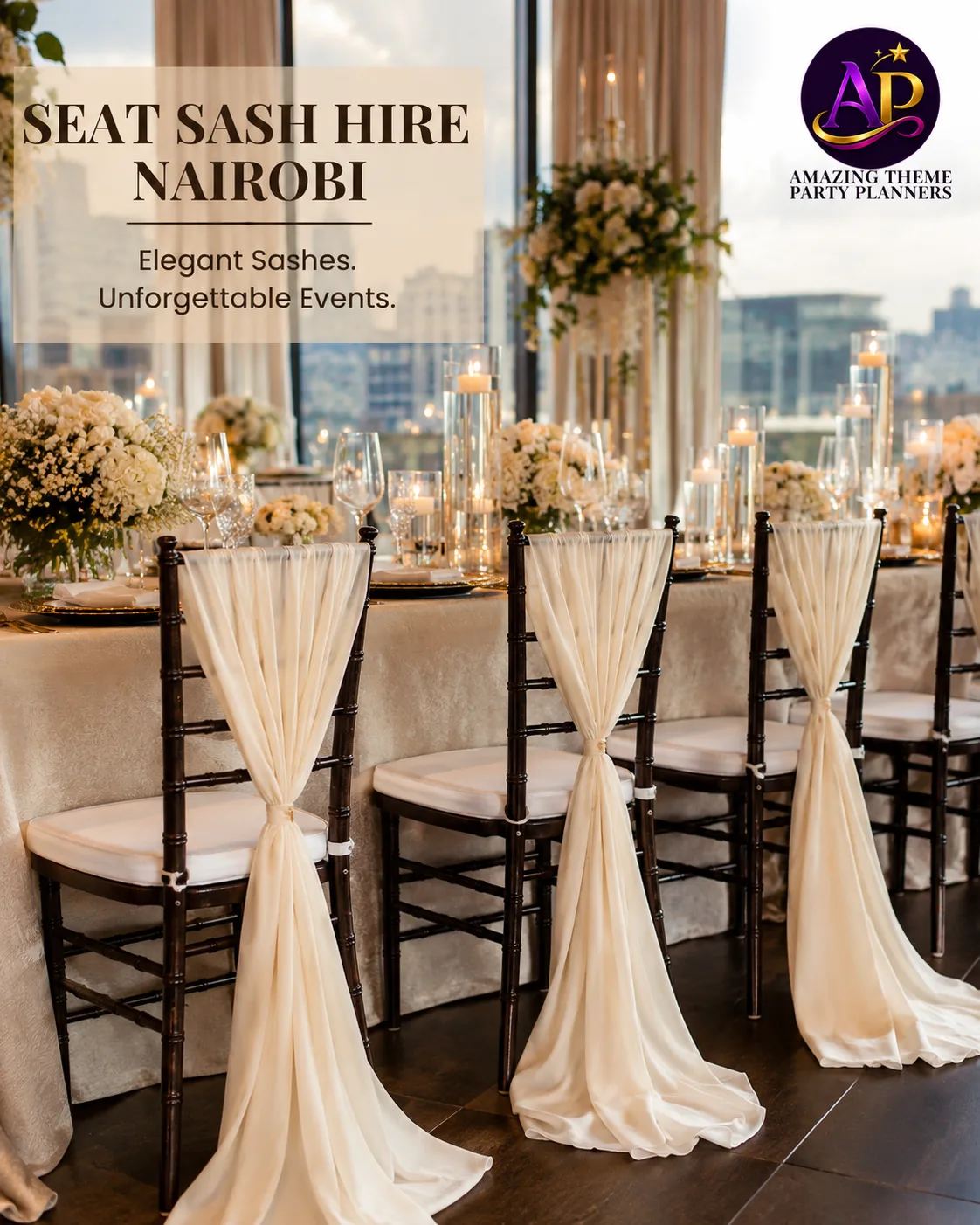 Seat Sash Hire Nairobi with luxury chair styling for weddings and events.