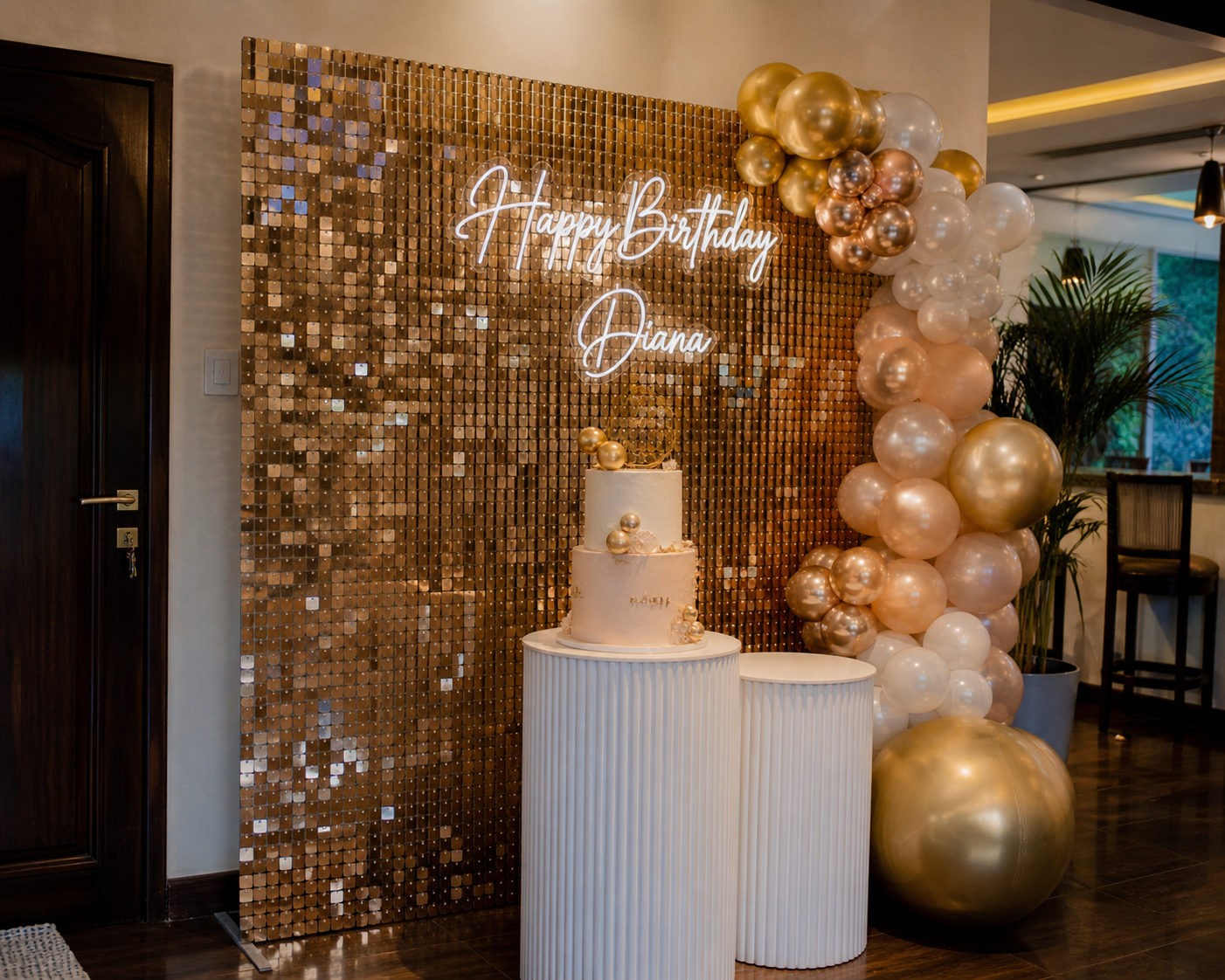 shimmer wall hire Nairobi cake display backdrop setup