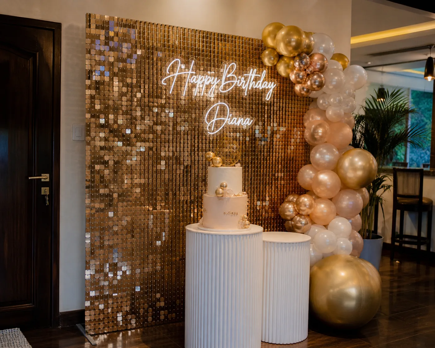 shimmer wall hire Nairobi cake display backdrop setup