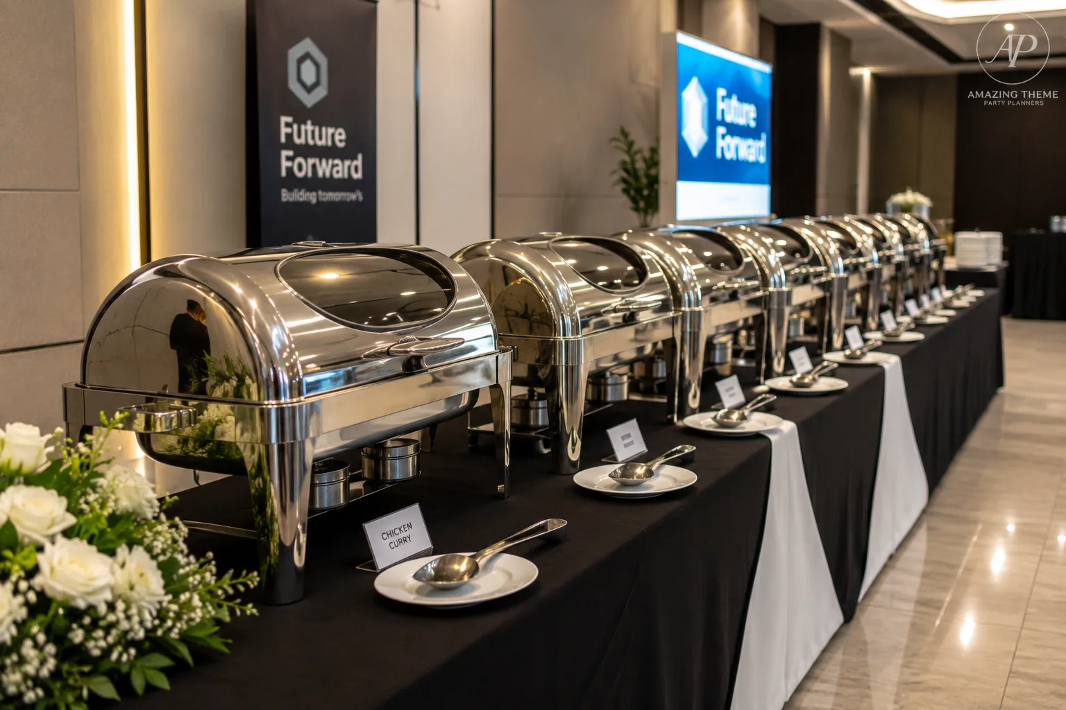 Silver stainless steel chafing dish for buffet catering and event food service