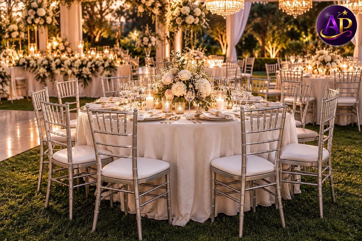 Silver Chiavari Dining Chairs arranged for an elegant luxury wedding reception in Nairobi
