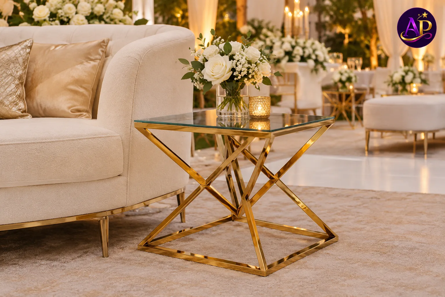 Small Gold Diamond Accent Stool styled in a luxury VIP lounge at a Nairobi wedding