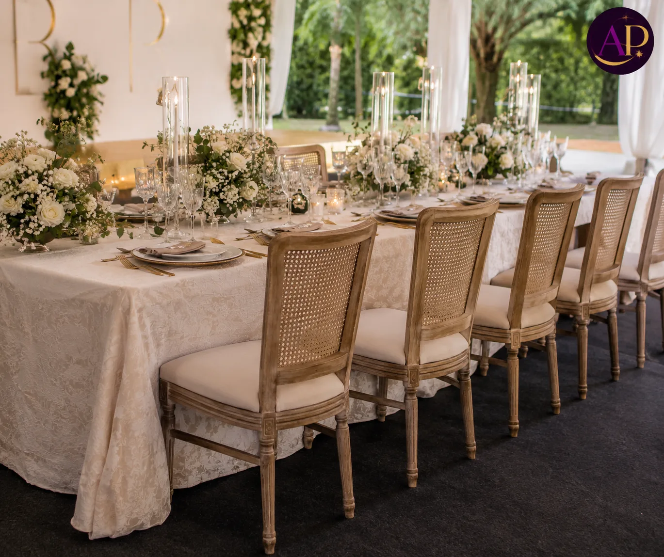 Square Rustic Louis Chair Hire Nairobi at a luxury wedding reception.