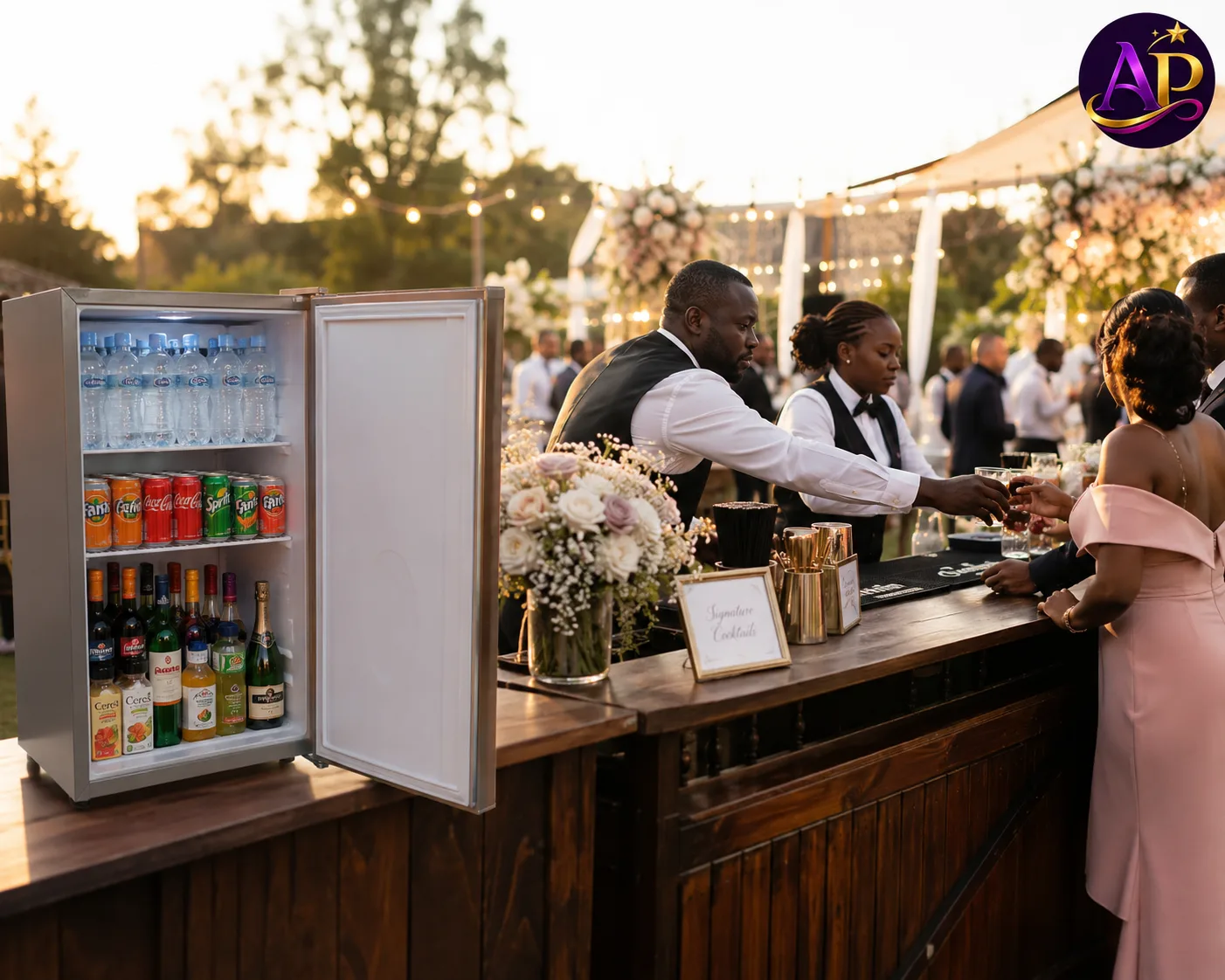 90 litre storage fridge hire in Nairobi keeping drinks chilled behind a luxury outdoor wedding bar.