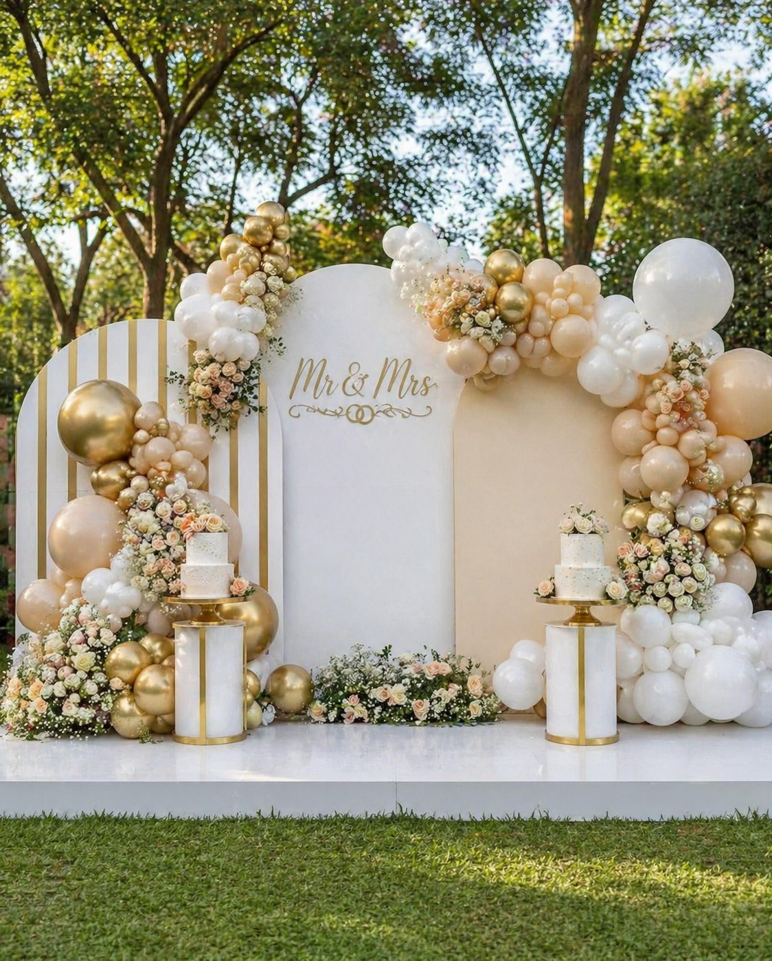 Triple door balloon backdrop at Nairobi wedding garden setup