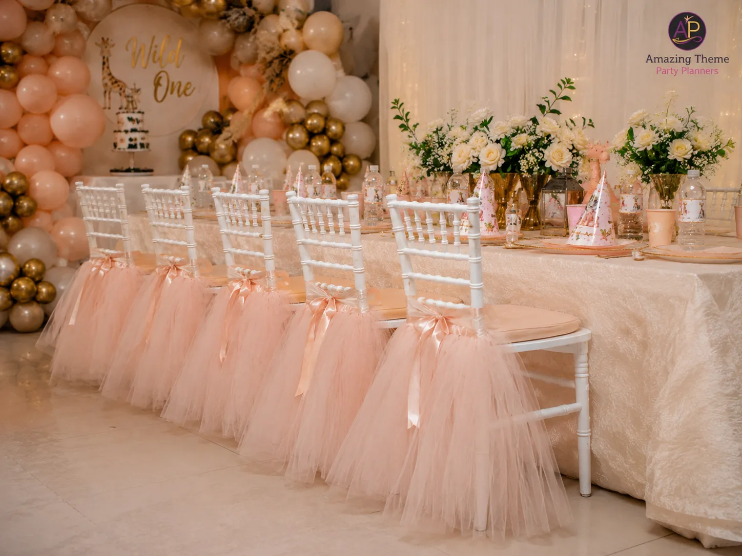 Tutu Skirt Chair Décor Hire Nairobi on white Chiavari chairs at a luxury children's party.