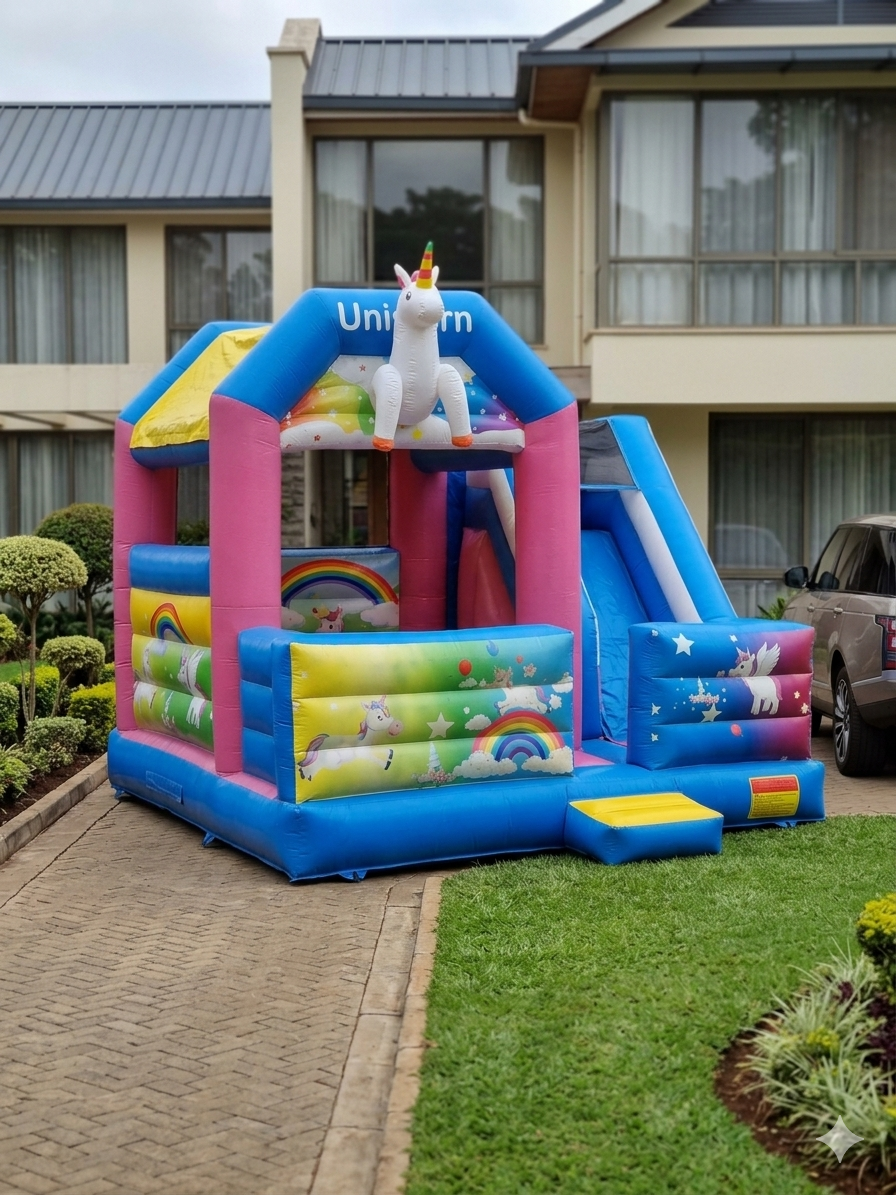 Unicorn bouncing castle hire Nairobi set on mixed grass and soil in Karen garden with realistic outdoor placement