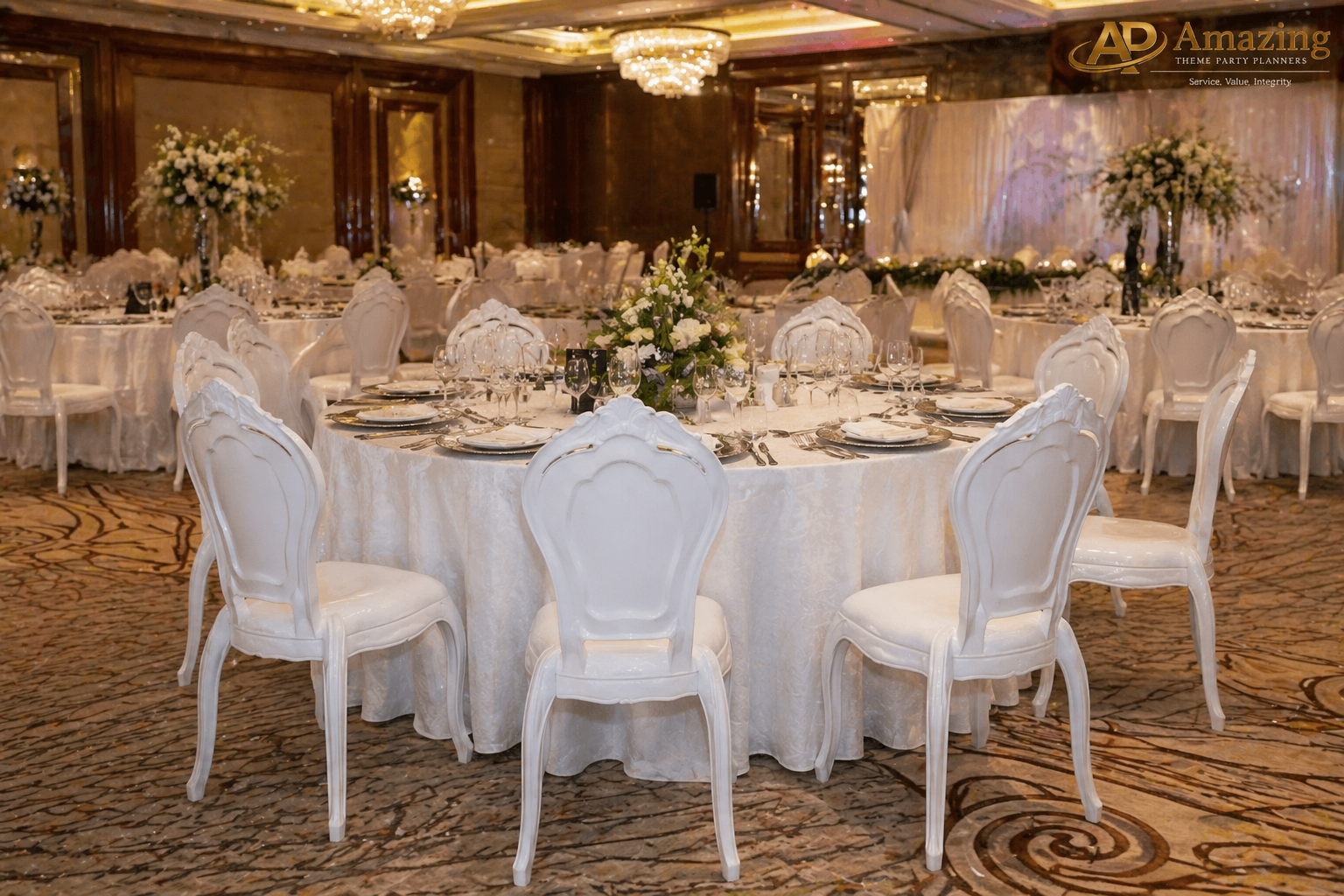 Vogue chairs set around banquet tables in a Nairobi hotel ballroom reception