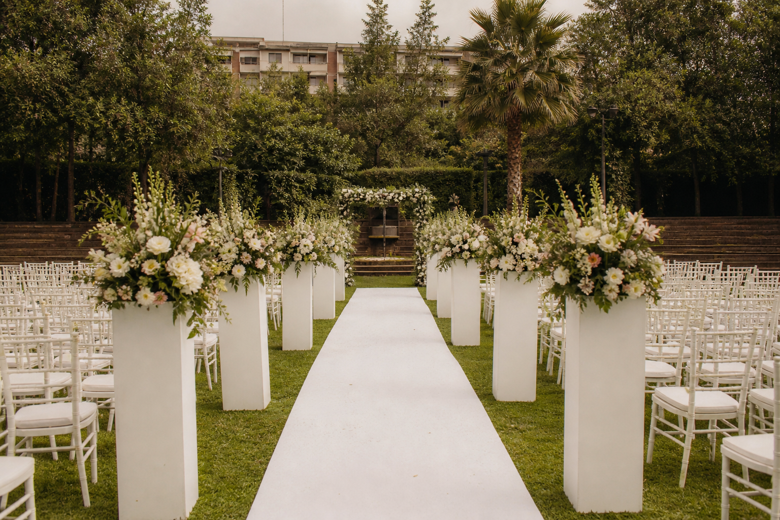 flower pillar hire Nairobi wedding aisle floral walkway setup