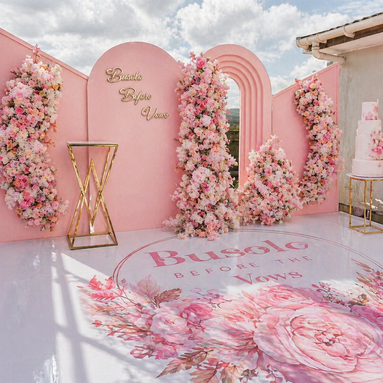 Floral quad-door balloon backdrop with stage at Nairobi bridal shower
