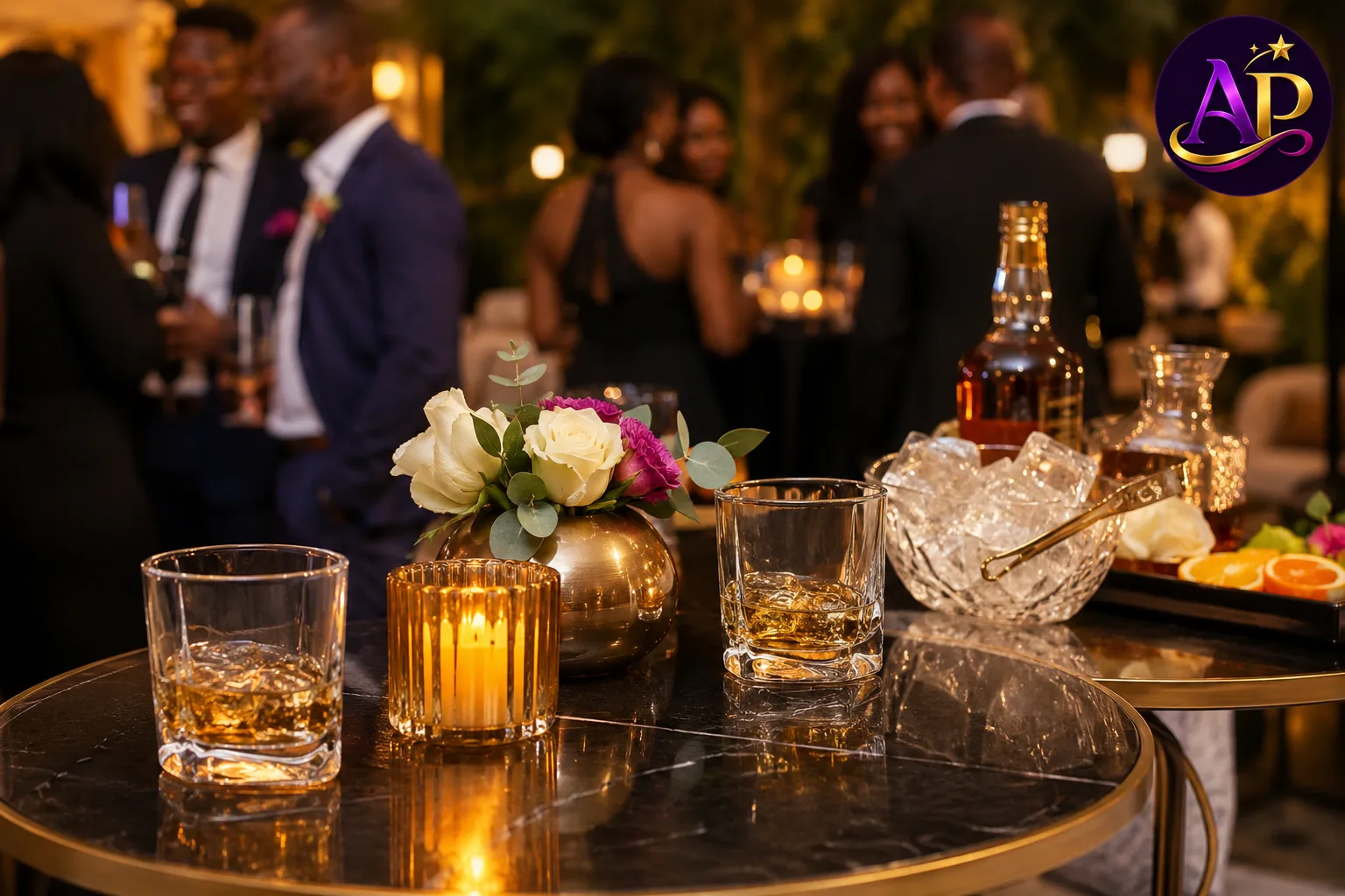 Whisky Tumbler Glass Hire Nairobi at a luxury corporate cocktail event.