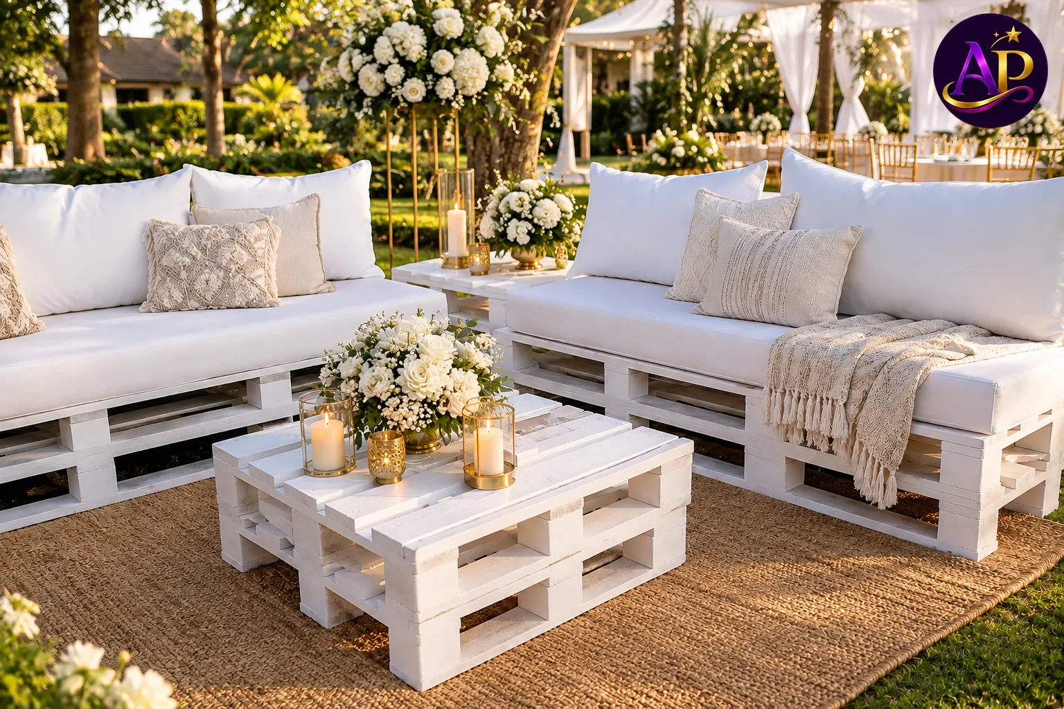 White Anganga Bench Set at a luxury Nairobi outdoor event