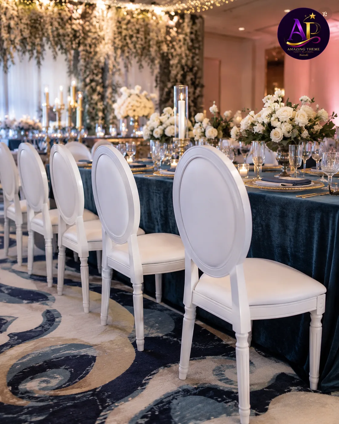 White French Louis Chair Hire Nairobi luxury event seating setup for weddings and parties.