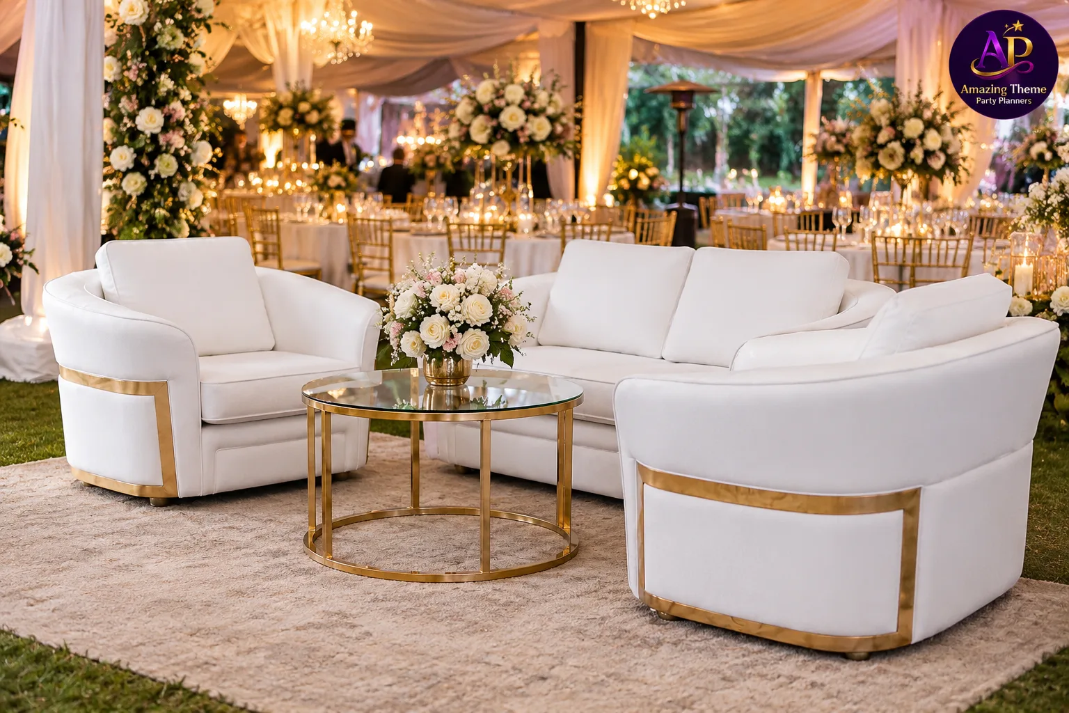 White and gold butterfly lounge set at a luxury Nairobi wedding