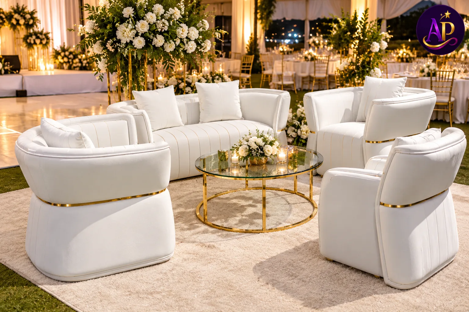White and gold striped butterfly lounge collection at a luxury Nairobi wedding