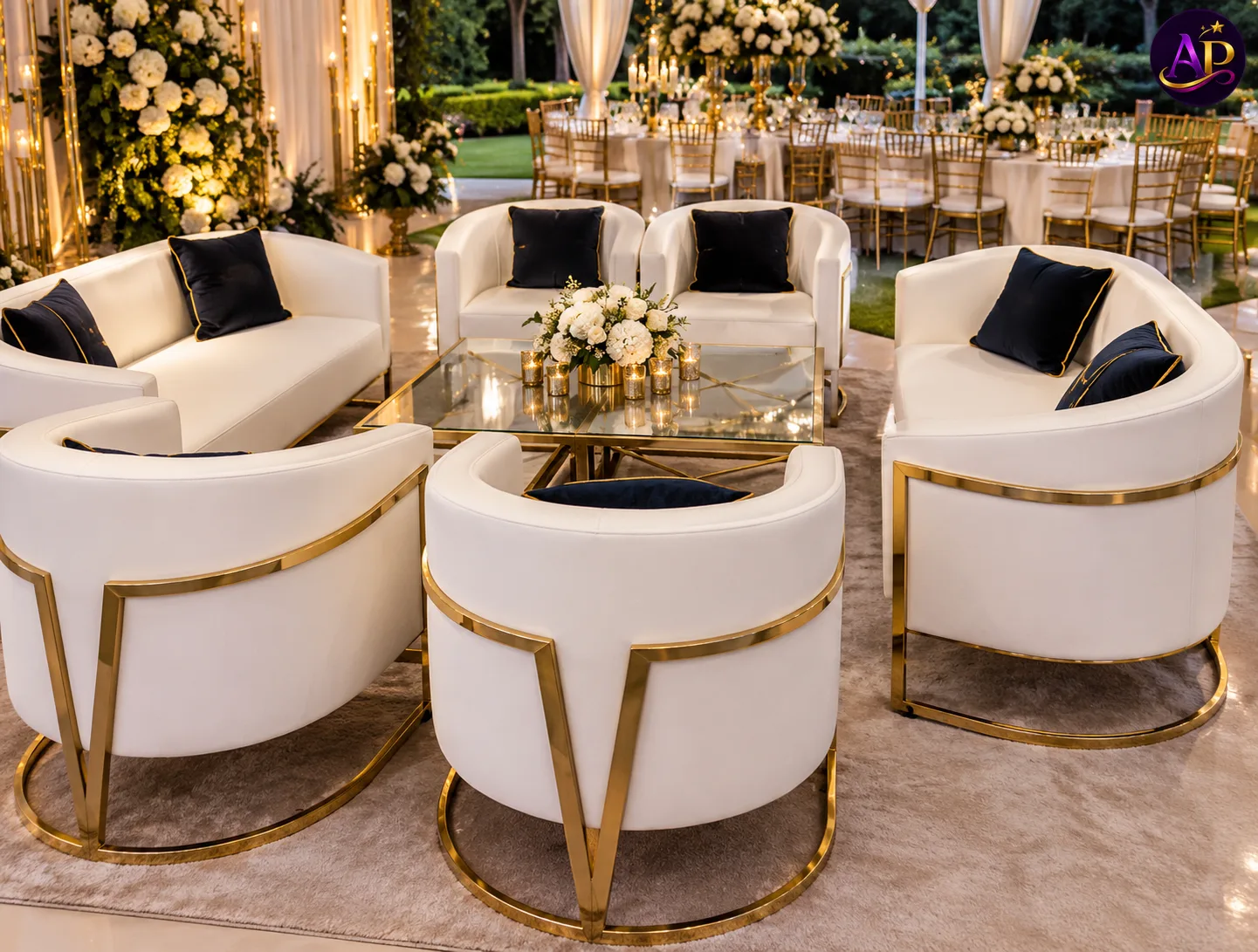 White and gold V-shaped lounge set hire at a luxury Nairobi wedding venue