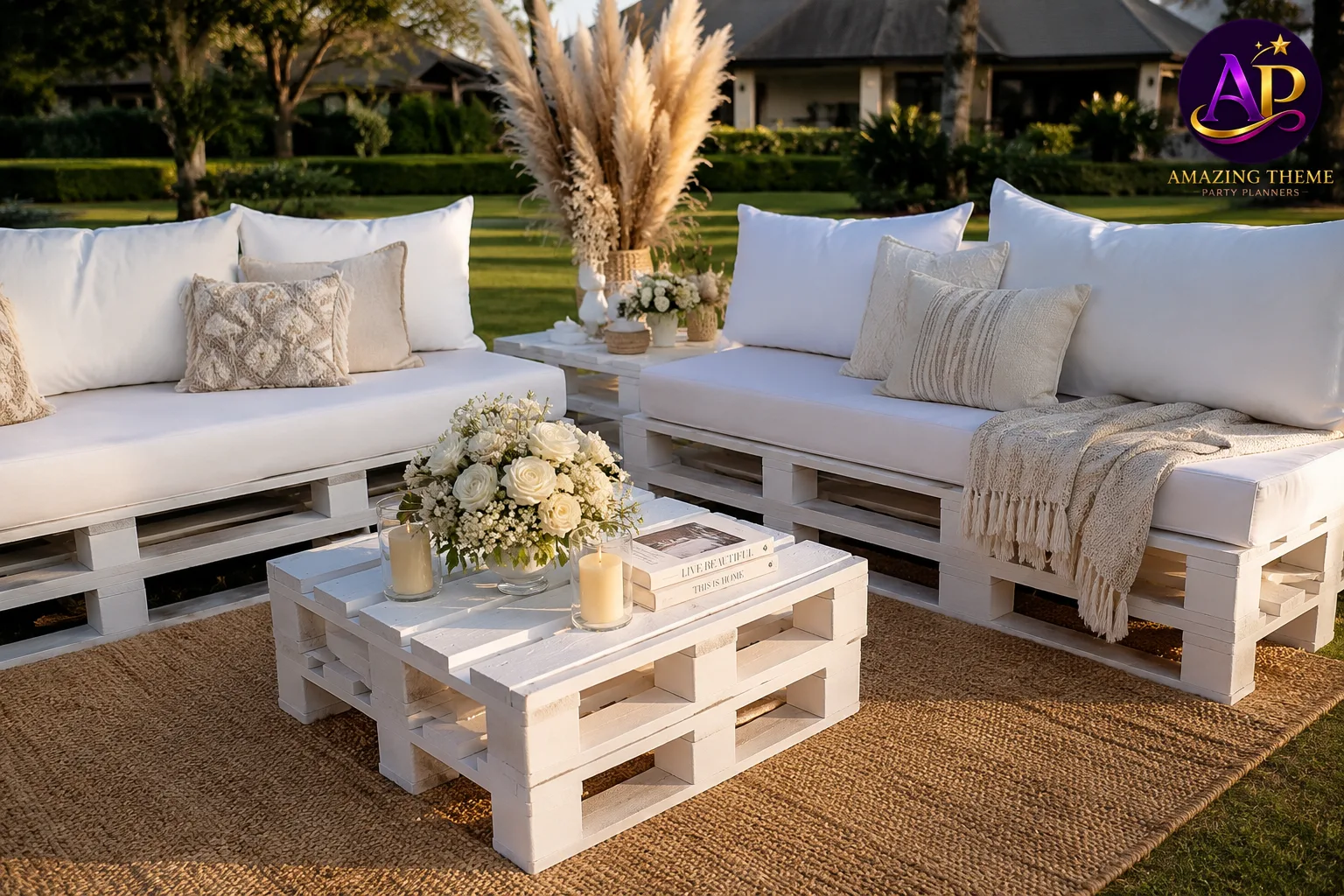 White Pallet Bench Set Hire Nairobi in a luxury garden lounge.