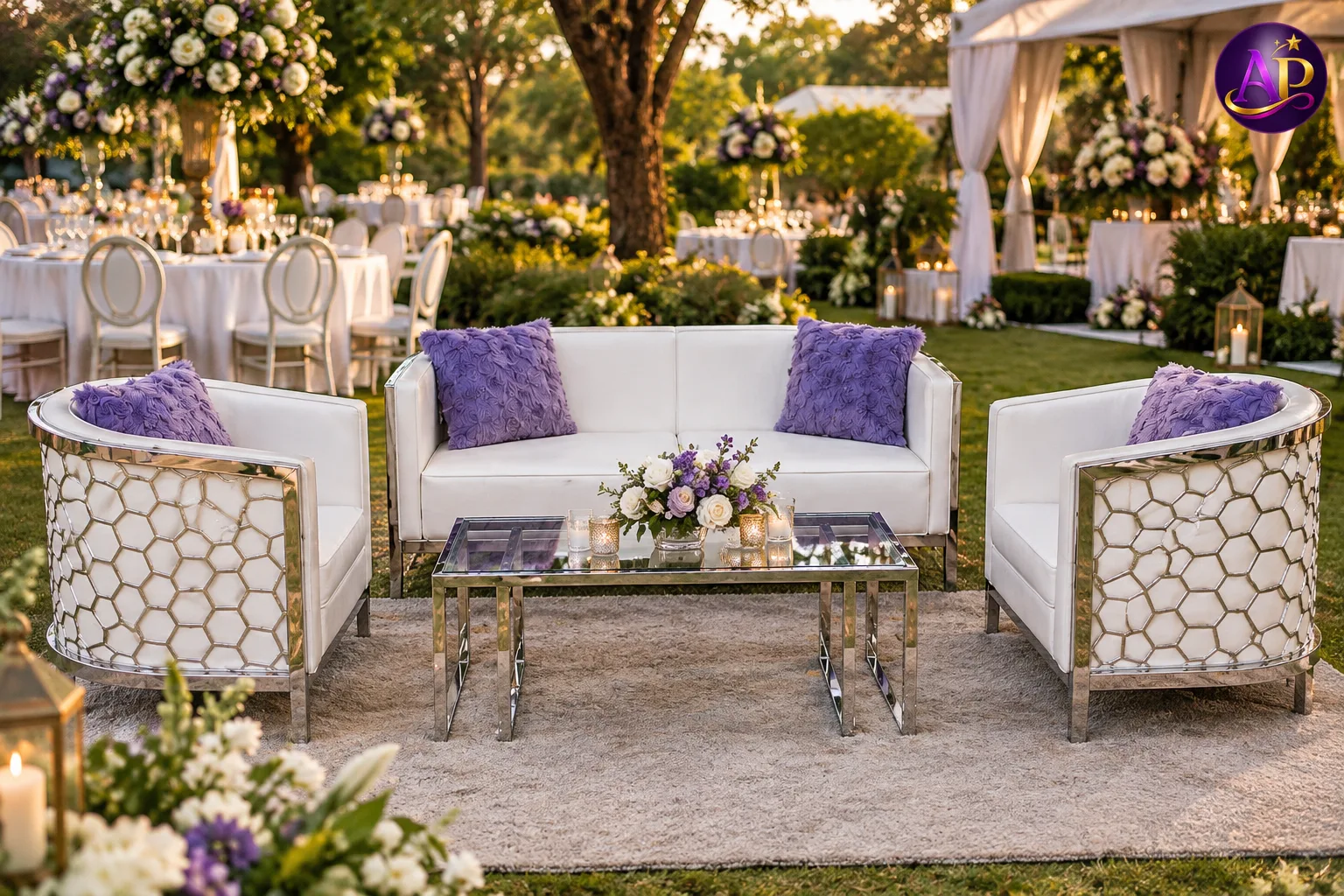 White and Silver Honeycomb Lounge Set at a luxury Nairobi wedding