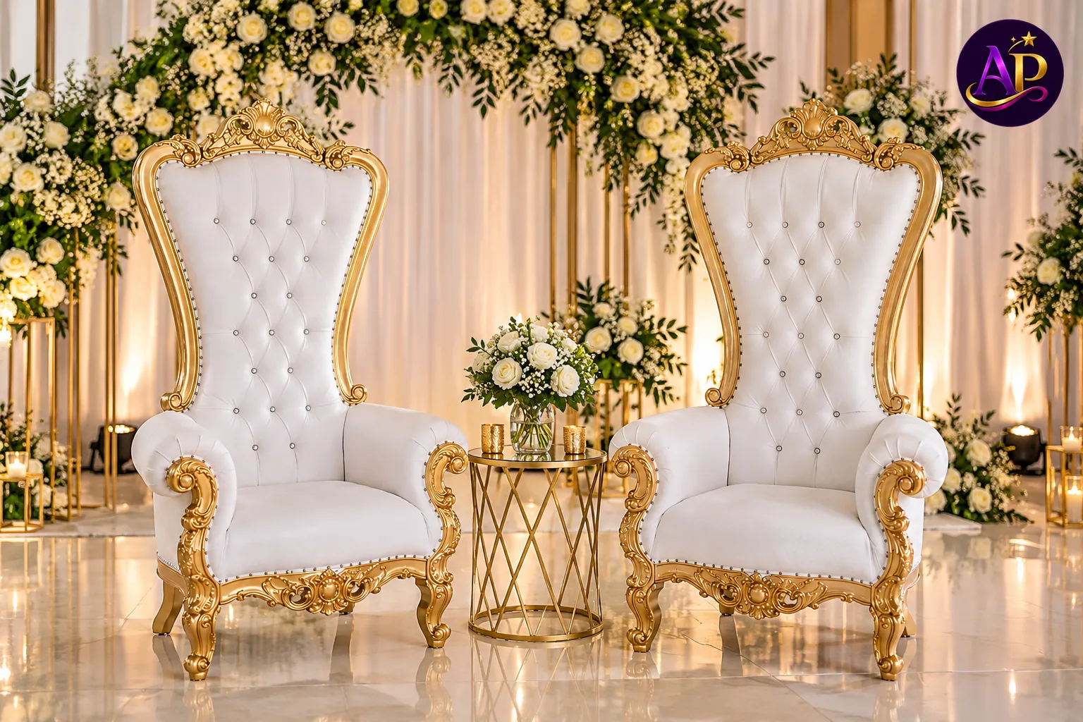 White Velvet Throne Chair Pair arranged as a luxury Nairobi event centrepiece