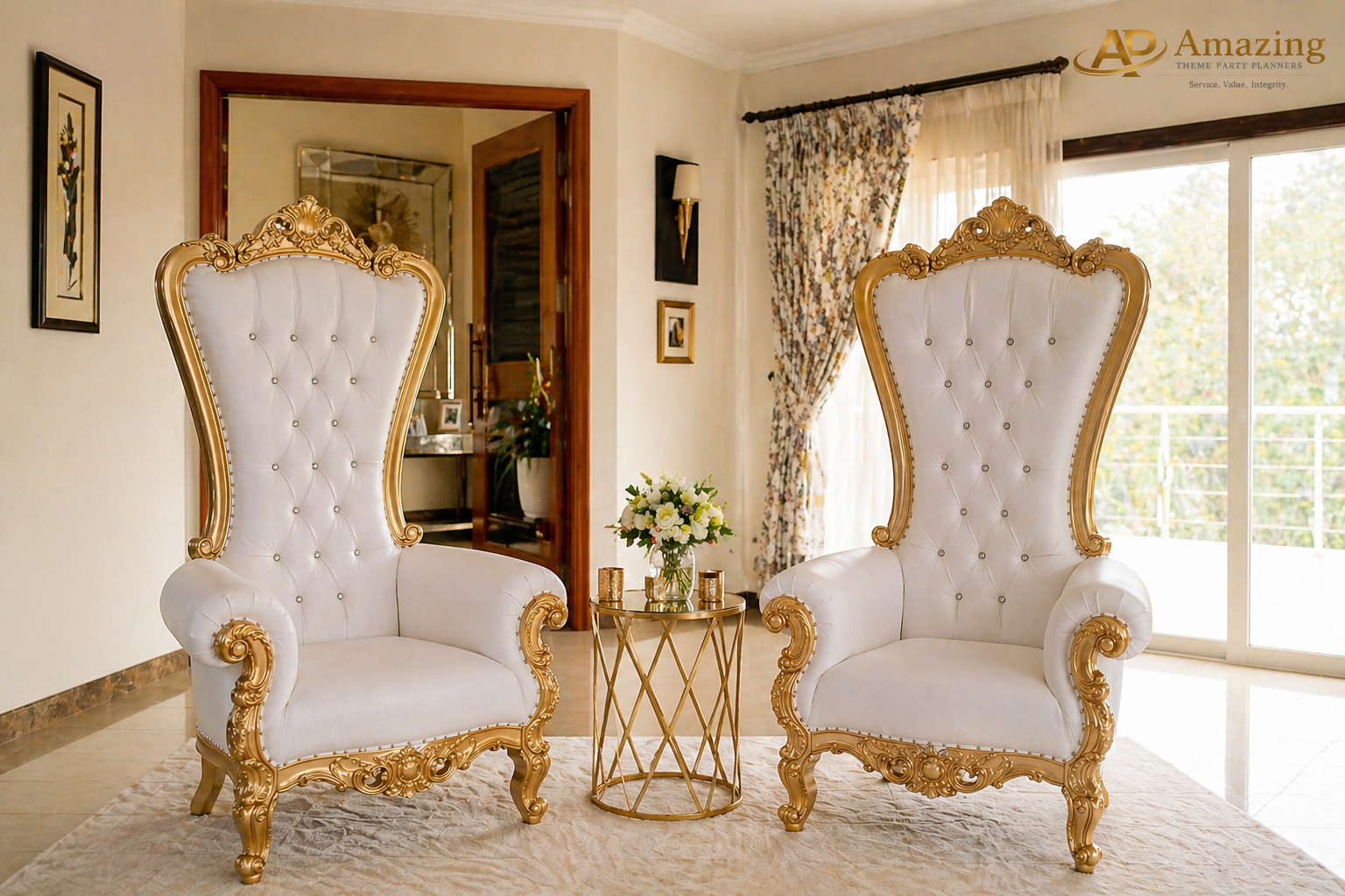 White Velvet Throne Chair Pair