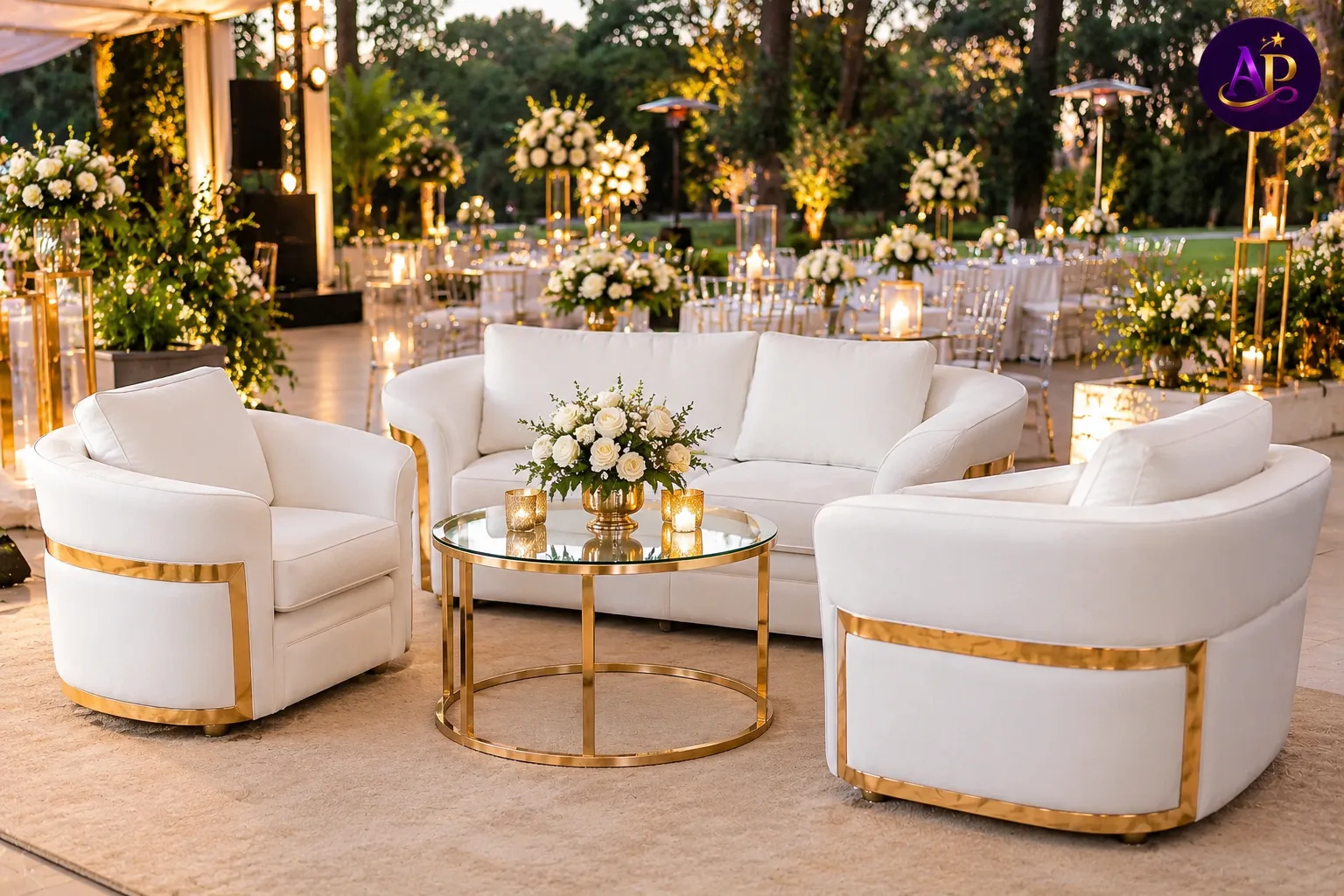 White and gold striped butterfly lounge collection at a luxury Nairobi wedding