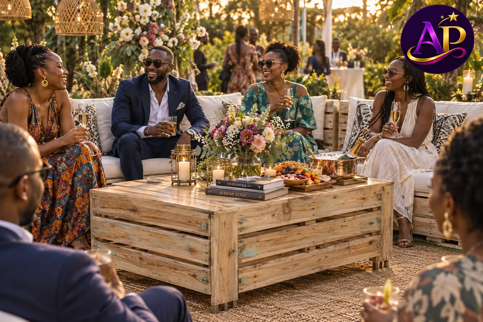 Wooden pallet table hire in Nairobi styled as the centrepiece of a luxury boho garden lounge.