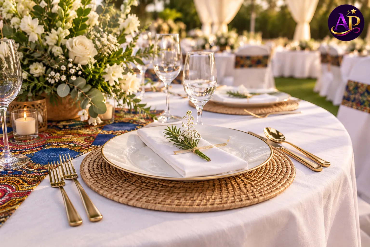 Woven Rattan Table Mat styled on an elegant luxury wedding table in Nairobi
